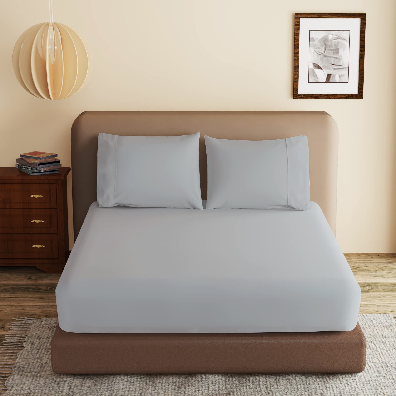 100% Egyptian Cotton Fitted Sheet Queen Size Gray, 600 Thread Count, 8-16'' Deep Pocket Sheet, Soft & Elastic Sateen Weave Botto